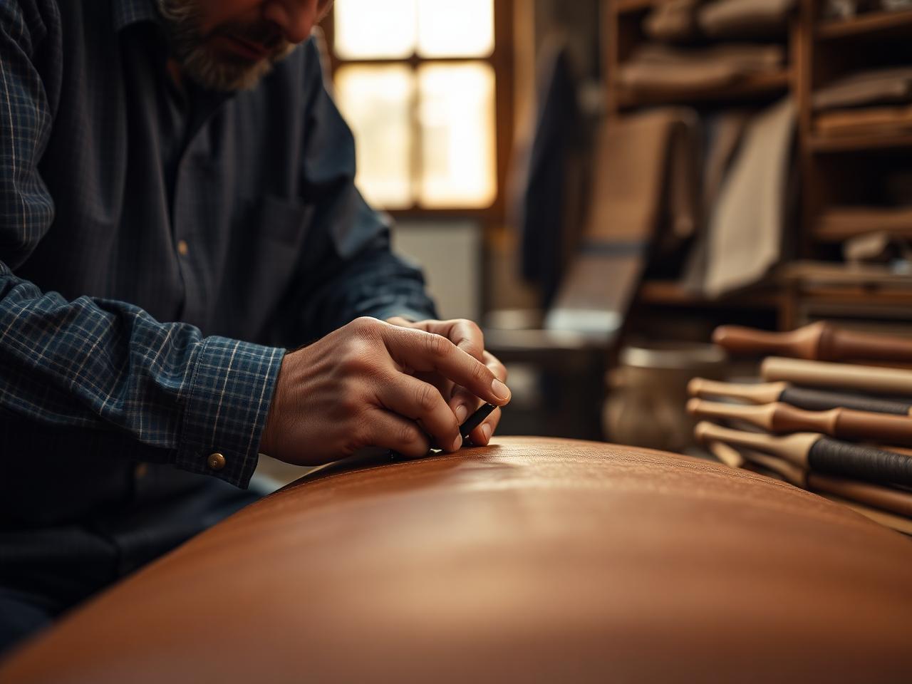 Master craftsman hand-stitching premium leather upholstery