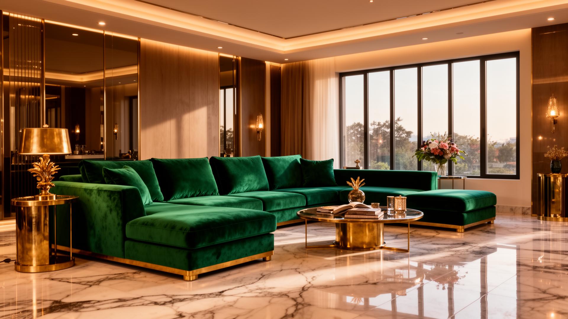 Luxury emerald velvet sectional sofa in a premium living room